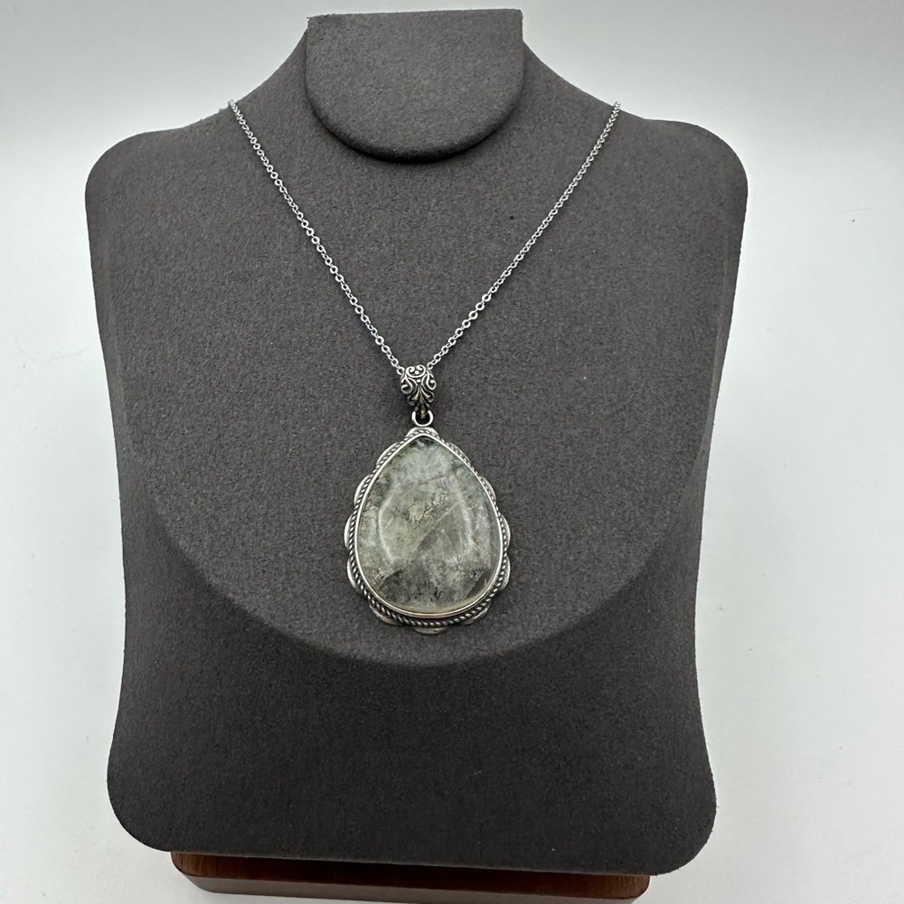 Dendritic Agate Teardrop Pendant in Silver 925 Setting on Silver 925 Chain - Picture 3 of 16